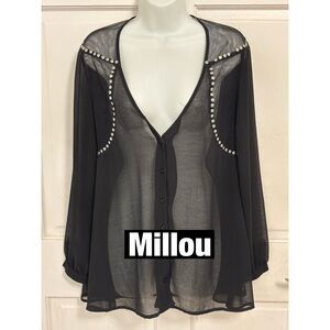 Millou Sheer Black Studded‎ V Neck Button down Blouse Oversized